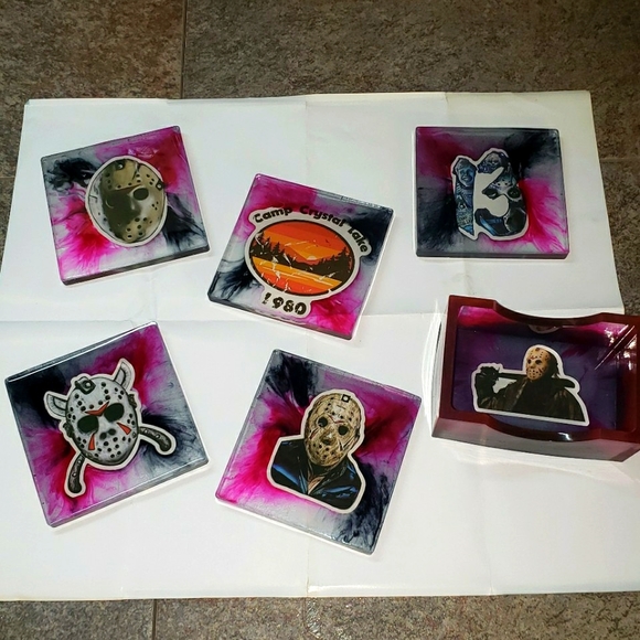 Jason Themed Coasters + Holder/Horror/Resin Coasters/Square/5pc plus holder - Picture 3 of 12